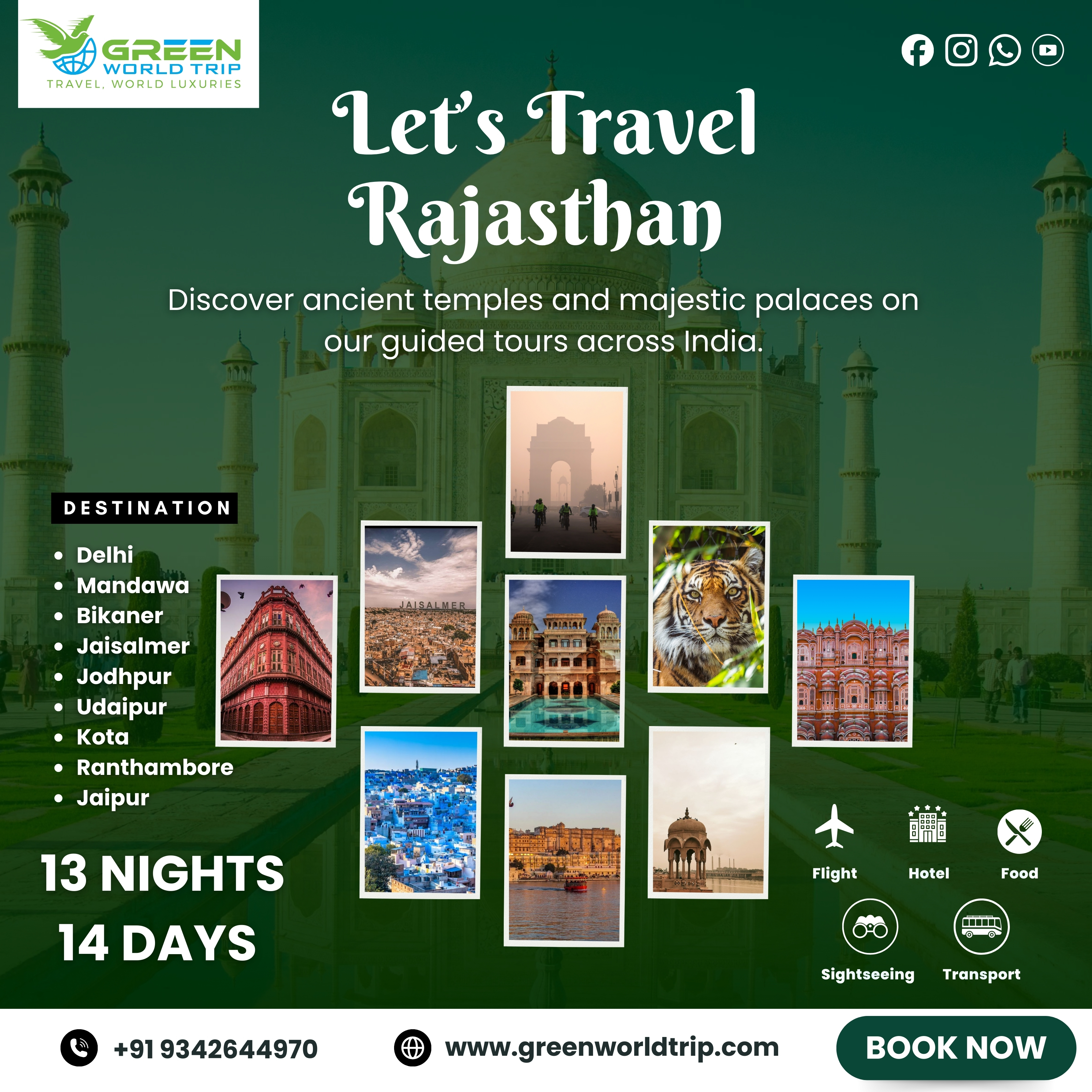 Delhi • Mandawa • Bikaner • Jaisalmer • Jodhpur • Udaipur • Kota • Ranthambore • Jaipur