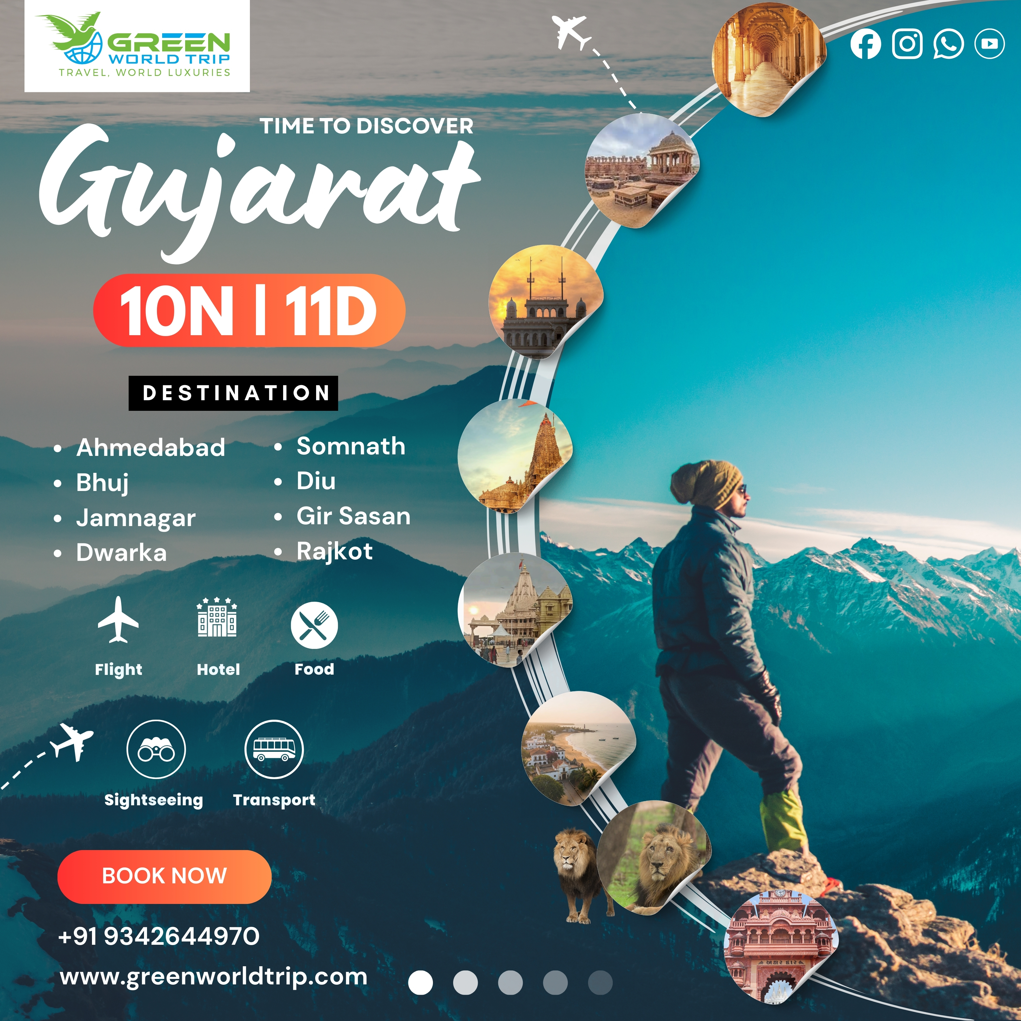 • Ahmedabad  • Somnath • Bhuj  • Diu • Jamnagar  • Gir Sasan • Dwarka  • Rajkot